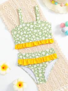 Young Girl Summer Two Pieces Bikini Set With Spaghetti Straps, Tropical Plant & Flower Print, Ruffle Trim Design Summer Beach - Green - View 1