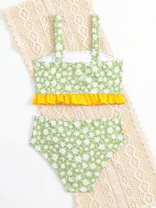 Young Girl Summer Two Pieces Bikini Set With Spaghetti Straps, Tropical Plant & Flower Print, Ruffle Trim Design Summer Beach - Green - View 2