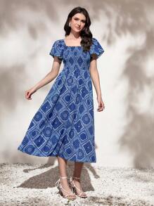 Mulvari 圍巾圖案方領蝴蝶袖洋裝 - 藍白色 - 查看 1