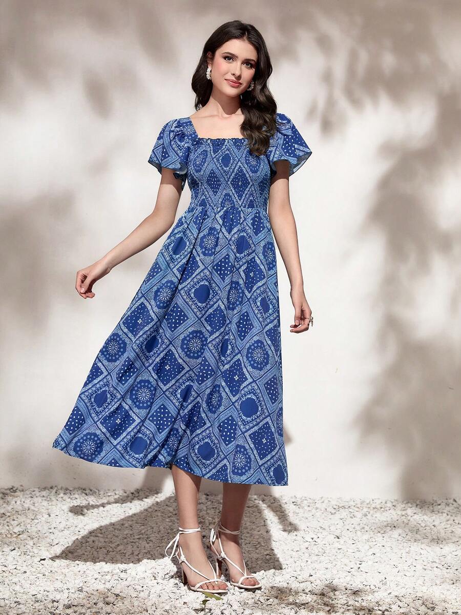 Mulvari 圍巾圖案方領蝴蝶袖洋裝 - 藍白色 - 查看 1