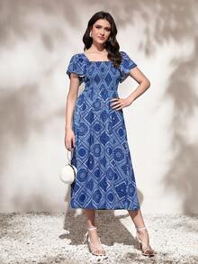 Mulvari 圍巾圖案方領蝴蝶袖洋裝 - 藍白色 - 查看 2