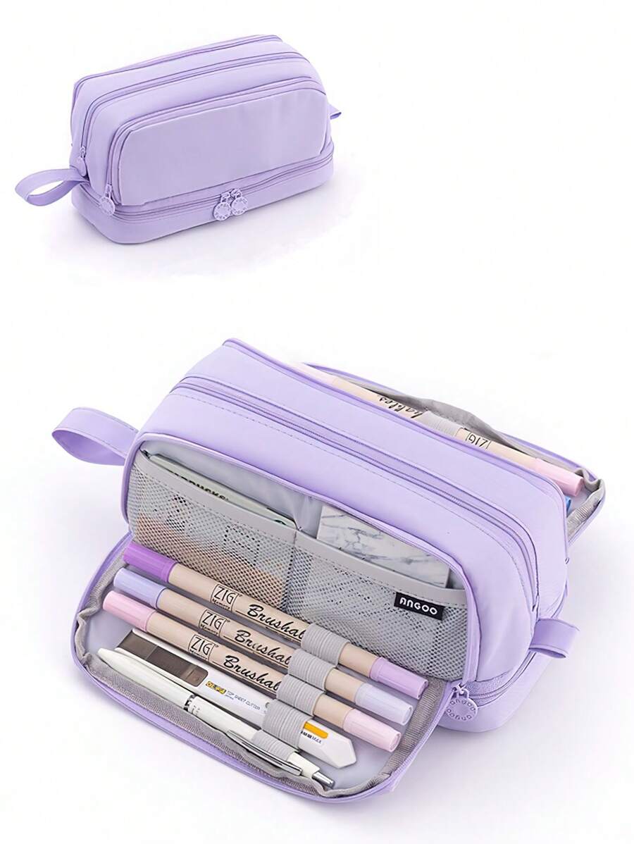 1pc Solid Color Dual Side Open Pencil Bag, Simple Portable 4 Partitions Pencil Box For School, Office Use - Purple - View 1