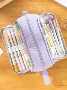 1pc Solid Color Dual Side Open Pencil Bag, Simple Portable 4 Partitions Pencil Box For School, Office Use - Purple - View 2