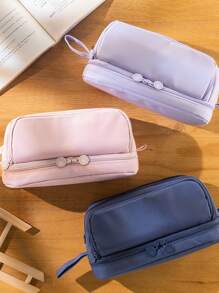 1pc Solid Color Dual Side Open Pencil Bag, Simple Portable 4 Partitions Pencil Box For School, Office Use - Purple - View 3