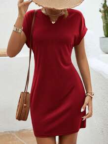 EMERY ROSE Solid Notched Neck Batwing Sleeve Tee Dress - Red - View 1
