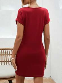 EMERY ROSE Solid Notched Neck Batwing Sleeve Tee Dress - Red - View 2