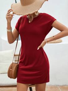 EMERY ROSE Solid Notched Neck Batwing Sleeve Tee Dress - Red - View 3