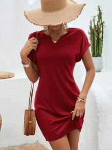 EMERY ROSE Solid Notched Neck Batwing Sleeve Tee Dress - Red - View 4