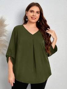 EMERY ROSE Plus Roll Tab Sleeve Fold Pleated Detail Curved Hem Blouse - Army Green - View 1