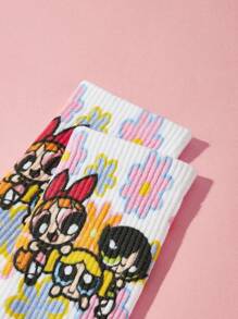 The Powerpuff Girls | ROMWE 1對女士花卉圖案和卡通圖案可愛中筒襪