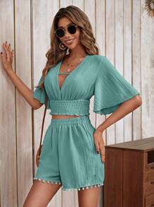 SHEIN VCAY 鏤空蝴蝶袖短款上衣和球球邊短褲 - 青碧色 - 查看 5