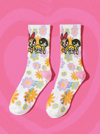The Powerpuff Girls | ROMWE 1pair Women Floral & Cartoon Print Cute Crew Socks