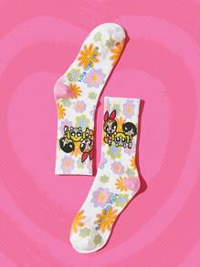 The Powerpuff Girls | ROMWE 1對女士花卉圖案和卡通圖案可愛中筒襪