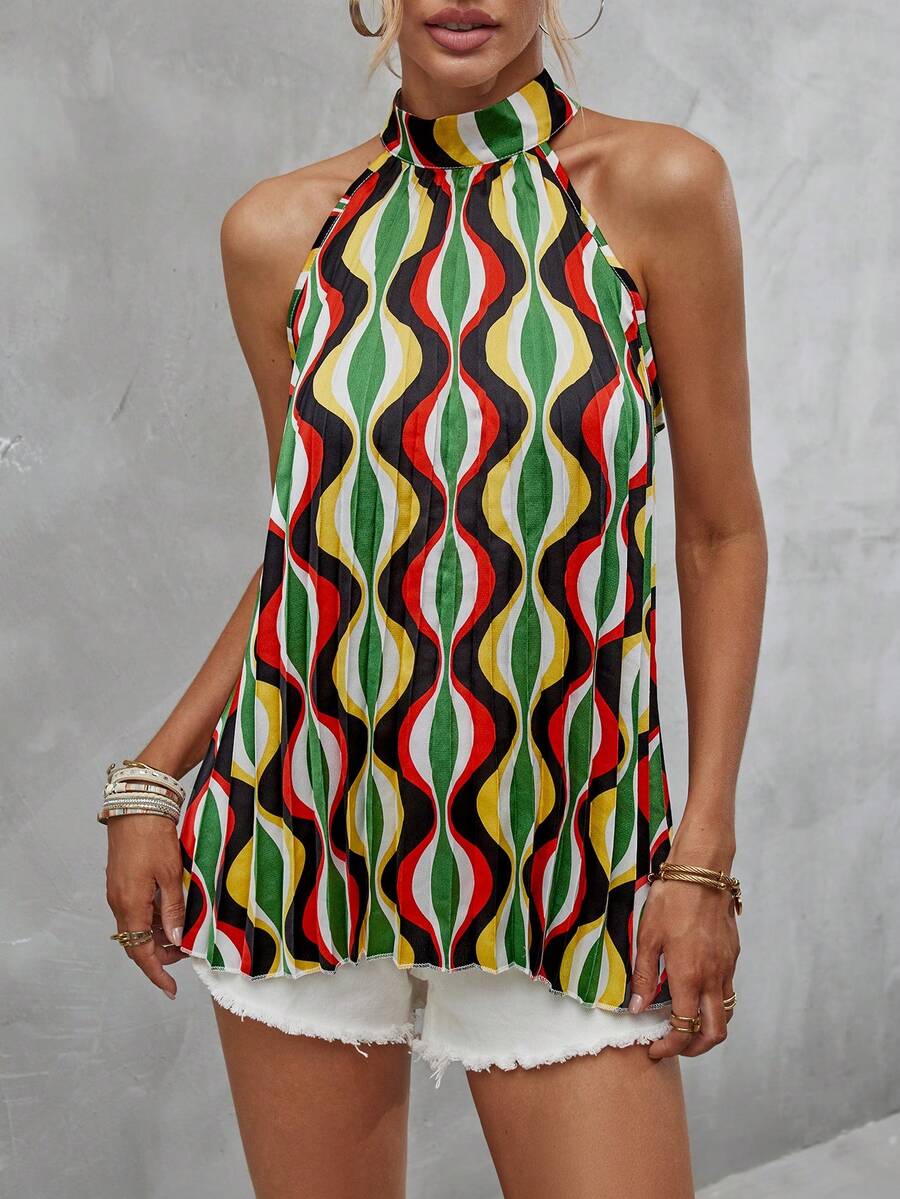 SHEIN VCAY Allover Print Keyhole Back Halter Top - Multicolor - View 1