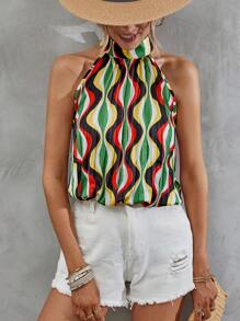 SHEIN VCAY Allover Print Keyhole Back Halter Top - Multicolor - View 6