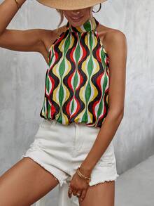 SHEIN VCAY Allover Print Keyhole Back Halter Top - Multicolor - View 4