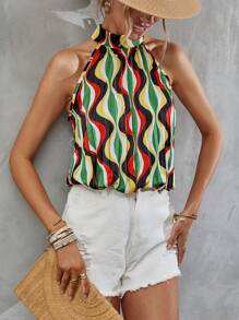 SHEIN VCAY Allover Print Keyhole Back Halter Top - Multicolor - View 7