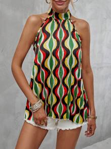 SHEIN VCAY Allover Print Keyhole Back Halter Top - Multicolor - View 5