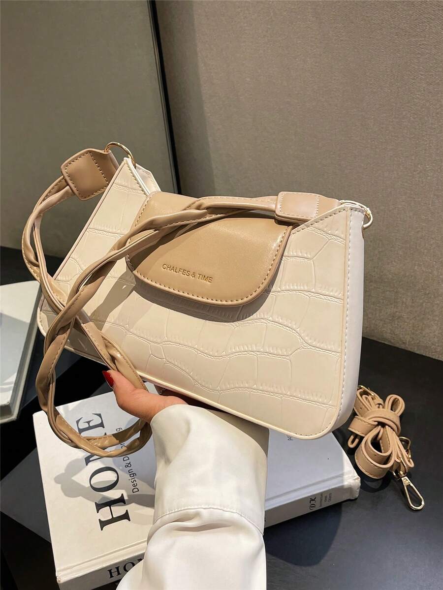 Dập nổi cá sấu Cái túi Khối màu Đúng mốt Túi đeo vai - Màu be - Xem 1
