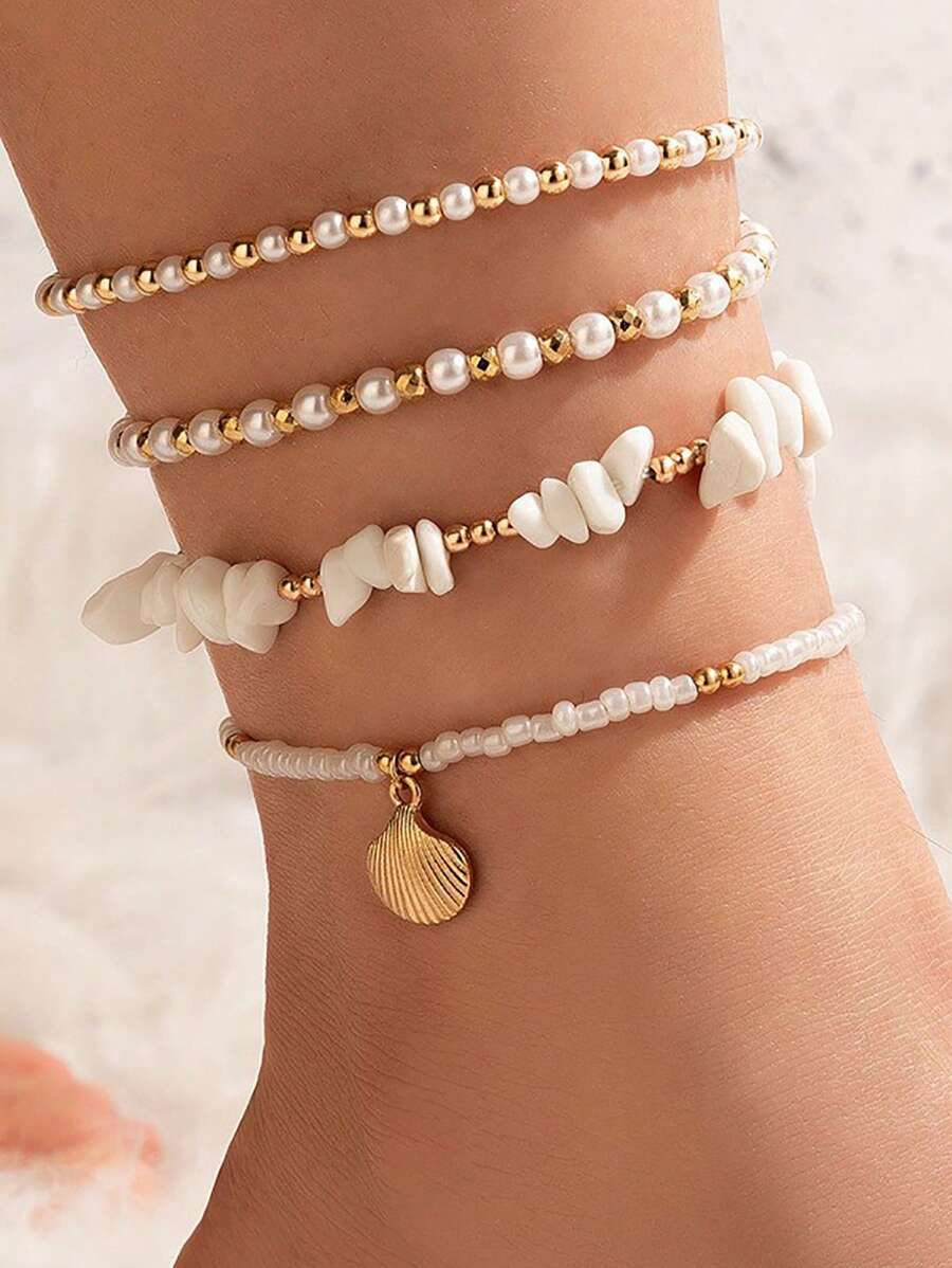 4 Cái/bộ Vỏ Hợp Kim Kẽm Bohemian & Ngọc Trai Giả Trang Trí Vòng Chân Đính Hạt Vòng Chân Dành Cho Nữ Cho Kỳ Nghỉ - Nhiều màu - Xem 1