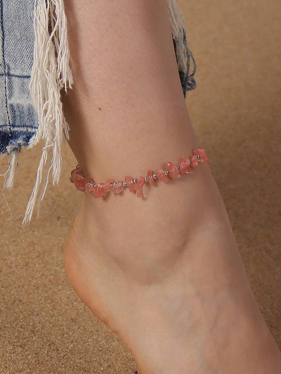 1入組時尚石頭裝飾腳錬適合女士日常裝飾 - 粉色 - 查看 1