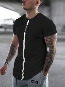 Manfinity Homme 男士字母圖案弧形下擺T恤 - 黑色 - 查看 1