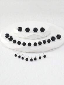 12pairs/set Fashion Iron Rhinestone Decor Stud Earrings For Women For Dating Gift - Black - View 2