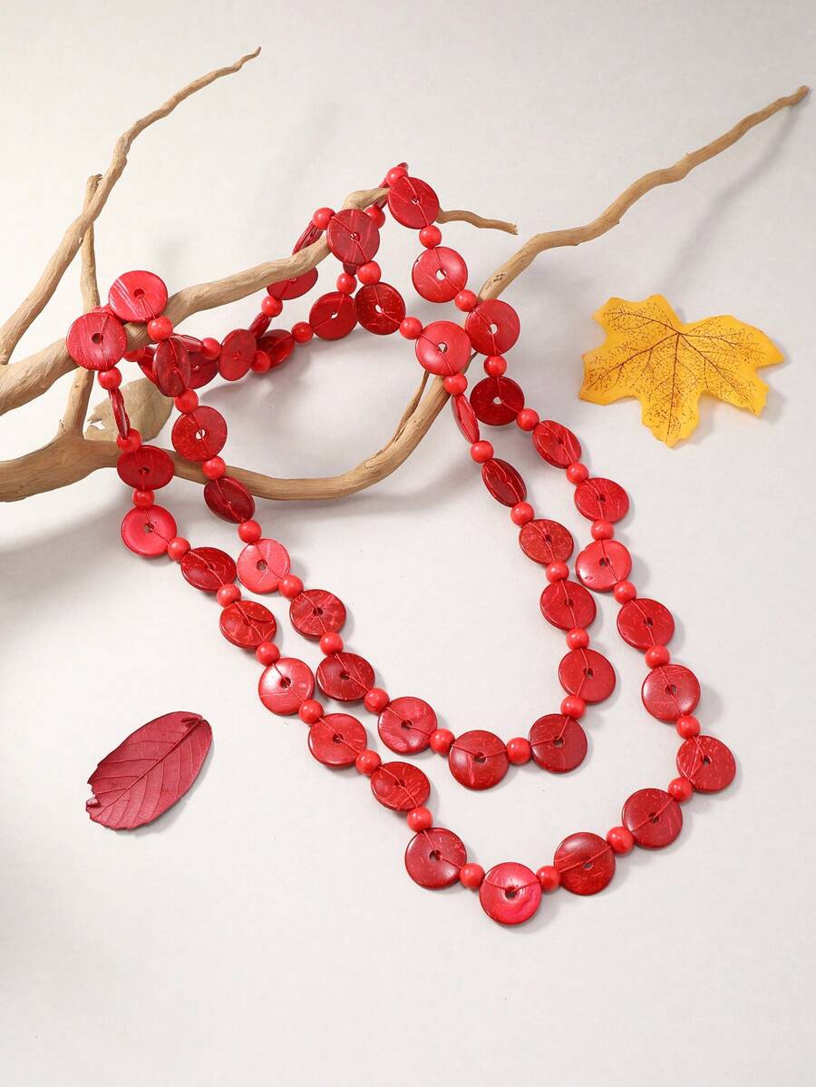 圓形裝飾項鍊 - 紅色 - 查看 1