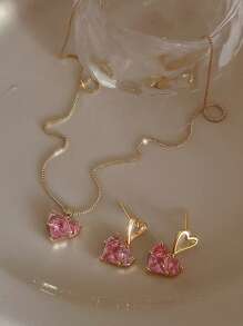 17KM 3入組/套時尚鋅合金水鑽愛心掛飾首飾套裝適合女士日常裝飾 - 金黃色 - 查看 4