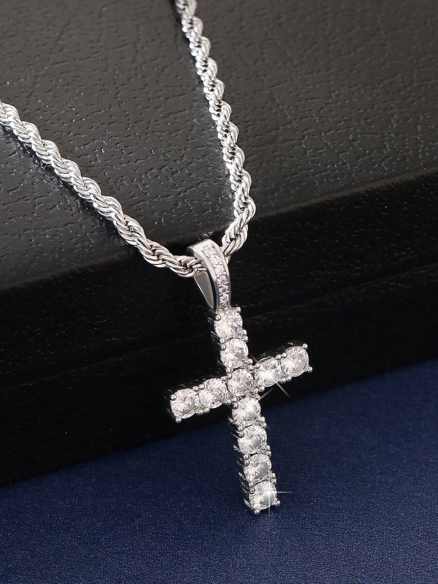 1pc Fashionable Cubic Zirconia Cross Pendant Necklace For Women For Dating Gift - Silver - View 1