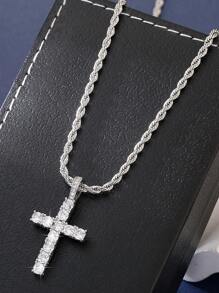 1pc Fashionable Cubic Zirconia Cross Pendant Necklace For Women For Dating Gift - Silver - View 5