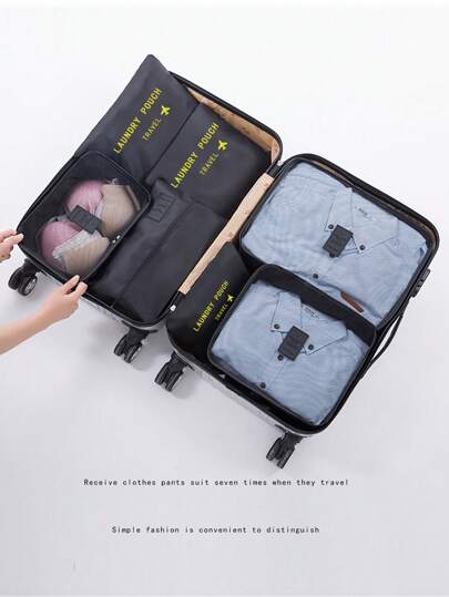 7pcs Travel Storage Bag Letter Print Clothes Storage Bag,Travel Organizer Set,Packing Cube Set,Suitcase Storage Bag Set,Travel Storage Set With Shoe Toiletry and Laundry Bags School Supplies Room Decor Bedroom Decor Dorm Essentials for School Student Teacher