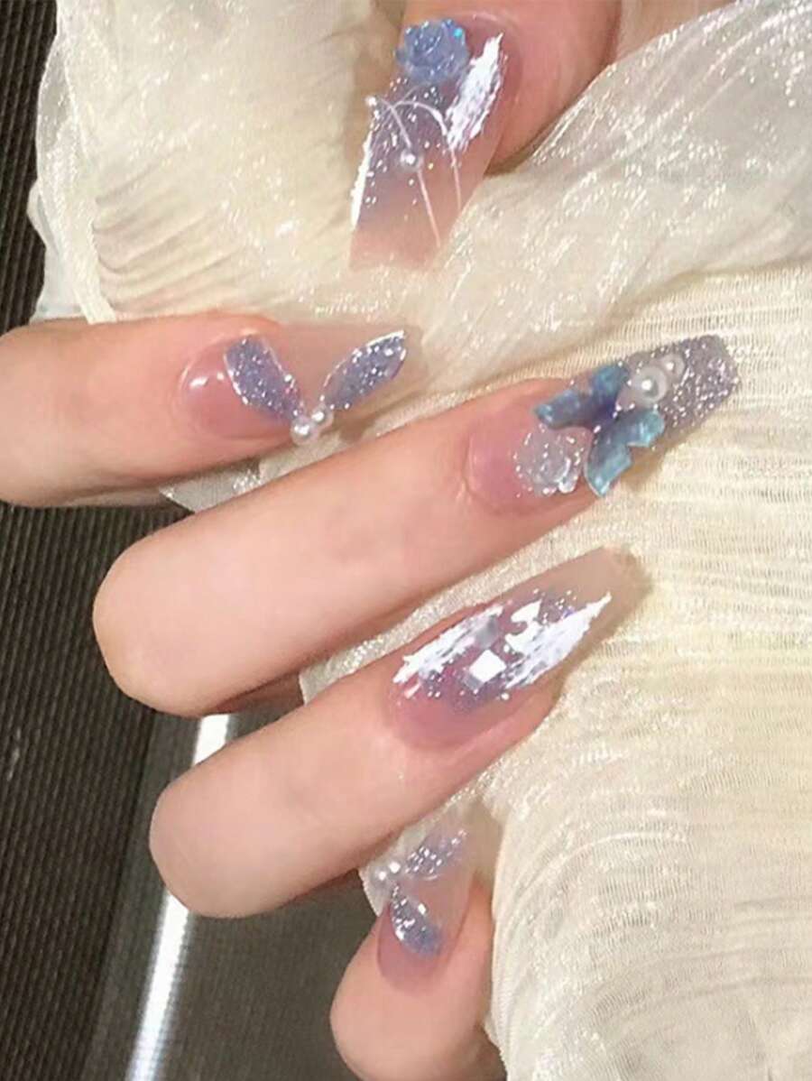 轉換指甲片帶24入組長款棺材蝴蝶裝飾全覆蓋假指甲套裝 - 彩色 - 查看 1