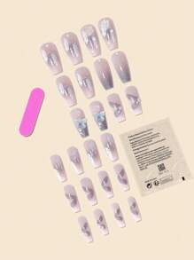 轉換指甲片帶24入組長款棺材蝴蝶裝飾全覆蓋假指甲套裝 - 彩色 - 查看 2