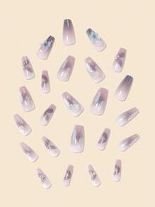 轉換指甲片帶24入組長款棺材蝴蝶裝飾全覆蓋假指甲套裝 - 彩色 - 查看 3