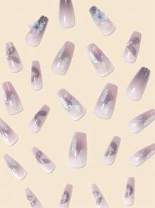 轉換指甲片帶24入組長款棺材蝴蝶裝飾全覆蓋假指甲套裝 - 彩色 - 查看 4