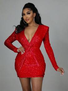 Plunge Neck Twist Front Sequin Bodycon Dress - Red - View 1