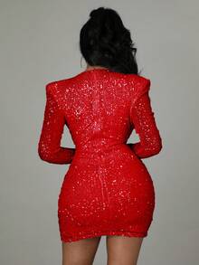 Plunge Neck Twist Front Sequin Bodycon Dress - Red - View 2