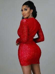 Plunge Neck Twist Front Sequin Bodycon Dress - Red - View 3