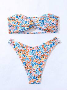 Swim Mod Summer Beach Floral Print Bandeau Bikini Set - White - View 2