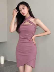 DAZY Criss Cross Halter Neck Asymmetrical Hem Dress - Mauve Purple - View 1