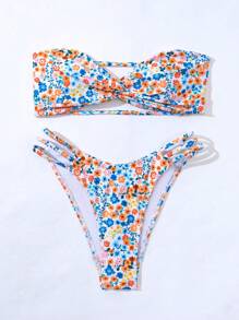 Swim Mod Summer Beach Floral Print Bandeau Bikini Set - White - View 5