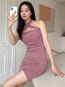 DAZY Criss Cross Halter Neck Asymmetrical Hem Dress - Mauve Purple - View 8