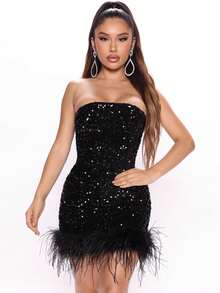 毛茸邊亮片抹胸緊身洋裝 - 黑色 - 查看 3