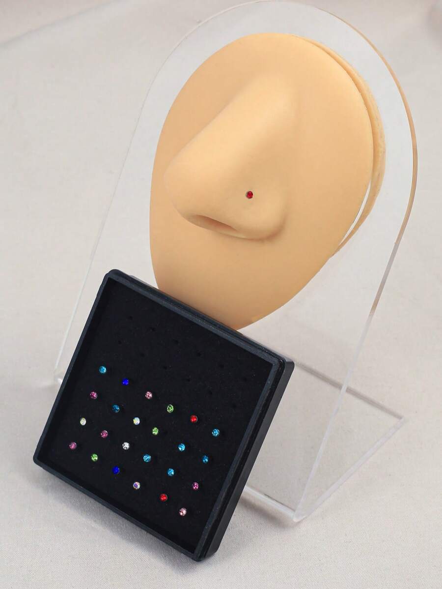 24入組水鑽裝飾鼻釘 - 彩色 - 查看 1