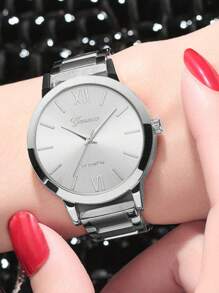 1入女士銀色鋅合金錶帶時尚圓錶盤石英手錶及4入組鏈條手鐲，適用於日常生活和假日 - 銀色 - 查看 3