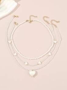 3件套女孩珍珠串珠心形吊坠项链套装 - 白色 - 查看 1