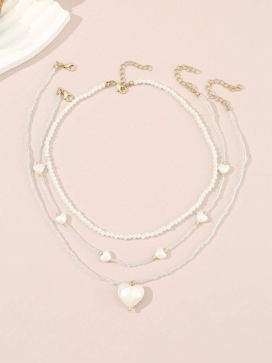 3件套女孩珍珠串珠心形吊坠项链套装 - 白色 - 查看 1