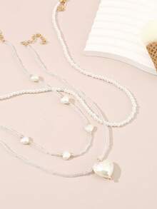 3件套女孩珍珠串珠心形吊坠项链套装 - 白色 - 查看 3