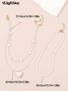 3件套女孩珍珠串珠心形吊坠项链套装 - 白色 - 查看 4